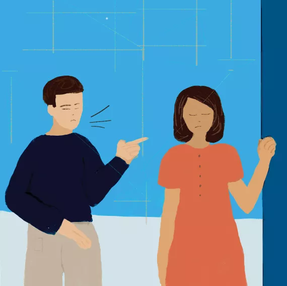 This image shows an illustration of a man pointing his finger at a woman