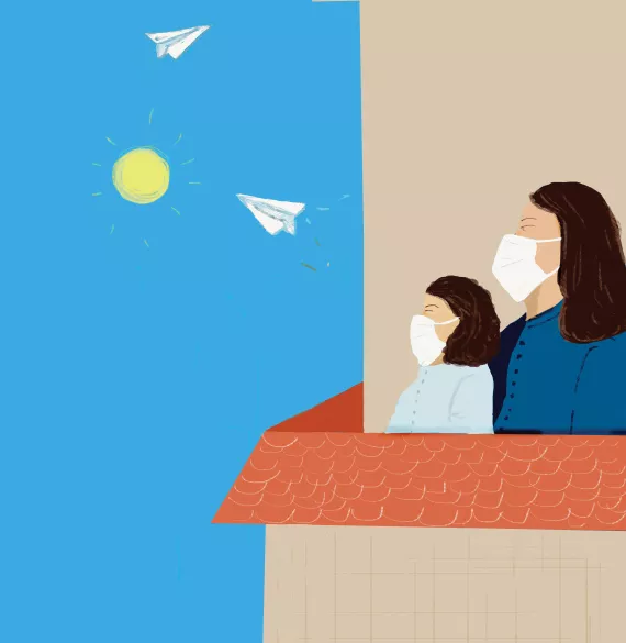 This image shows an illustration of two people wearing masks looking at paper airplanes flying in the sky as a symbol of hope