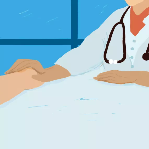This image shows an illustration of a doctor reassuring someone