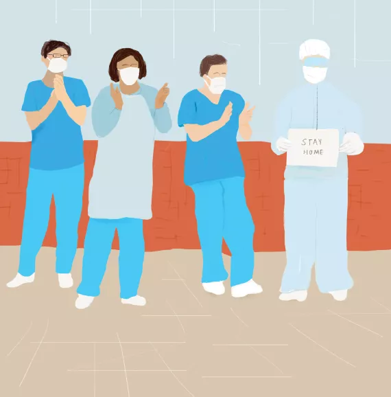 This image shows an illustration of a group of health workers