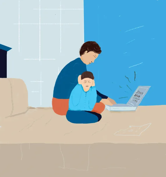 this image shows an illustration of a child experiencing anxiety because of the news of COVID-19 that an adult is looking at behind him on a laptop