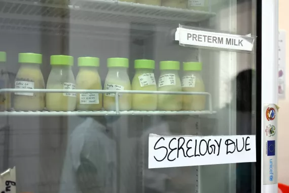 A view of the refrigerator where collected breastmilk is stored