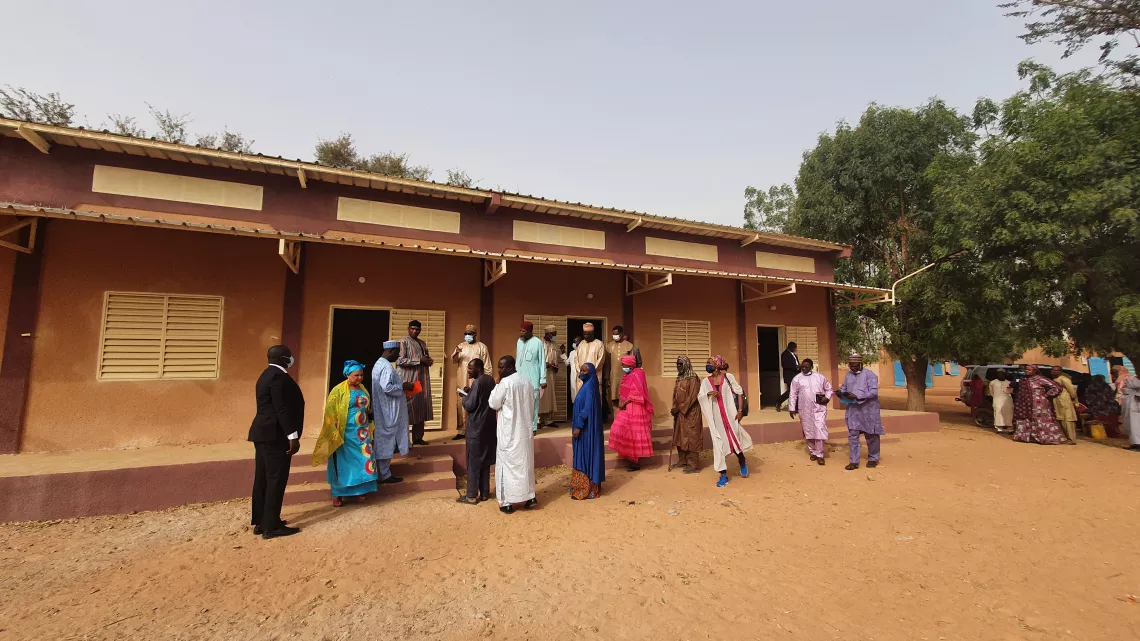 The minister of Education, Dr. Rabiou Ousmane, in front of one of the newly built classrooms in Gamkal&eacute; school in Niamey. 