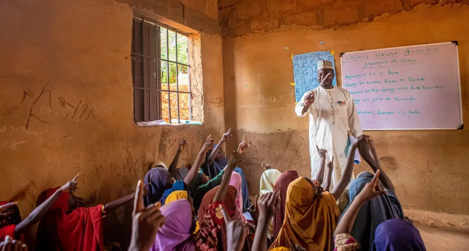 Pupils and their teacher at EU-EYEPINN (Education and Youth Empowerment in Northwest Nigeria) supported Integrated Quarnic School, Makarantar Mallam Kabiru Shiyar Wambai, Yabo LGA, Sokoto State, Northern Nigeria