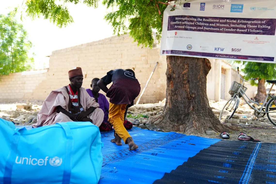 Babakura Bukar, 15, participates in a drama activity at the Child Friendly Space in Bama, Borno State.