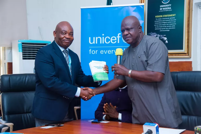 A Picture of Prof. Okey Ikenayibe, Director of the Institute of Social Policy at UNN with UNICEF