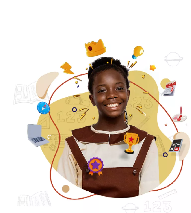 A girl smiling surrounded by digital learning tools