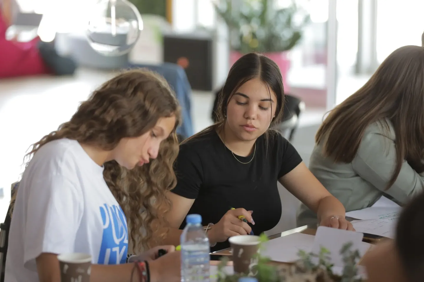 Two adolescent girls working on a project. 
