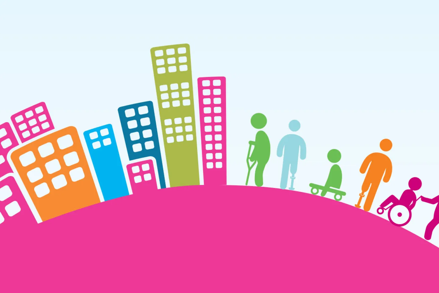An illustration containing a set of characters/icons of various people including children with disabilities moving towards a city