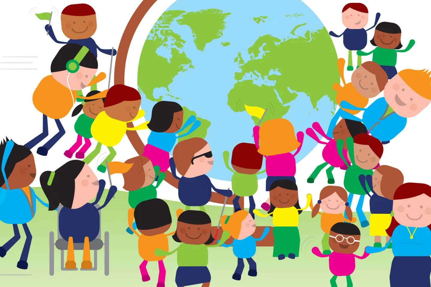 An illustration containing a lot of children, including children with disabilities in a schoolroom 