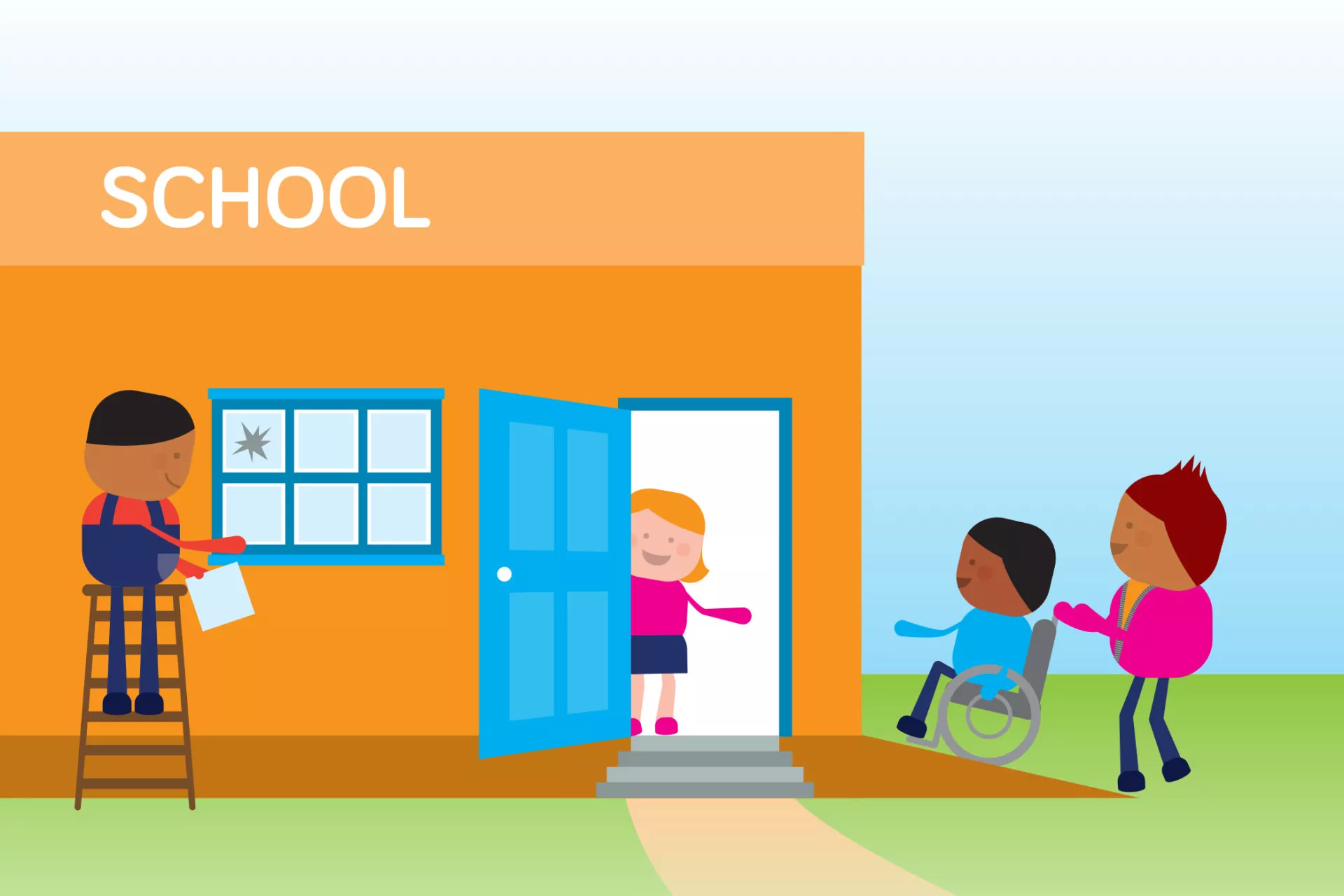 An illustration containing a school building in which a child with disability is entering 