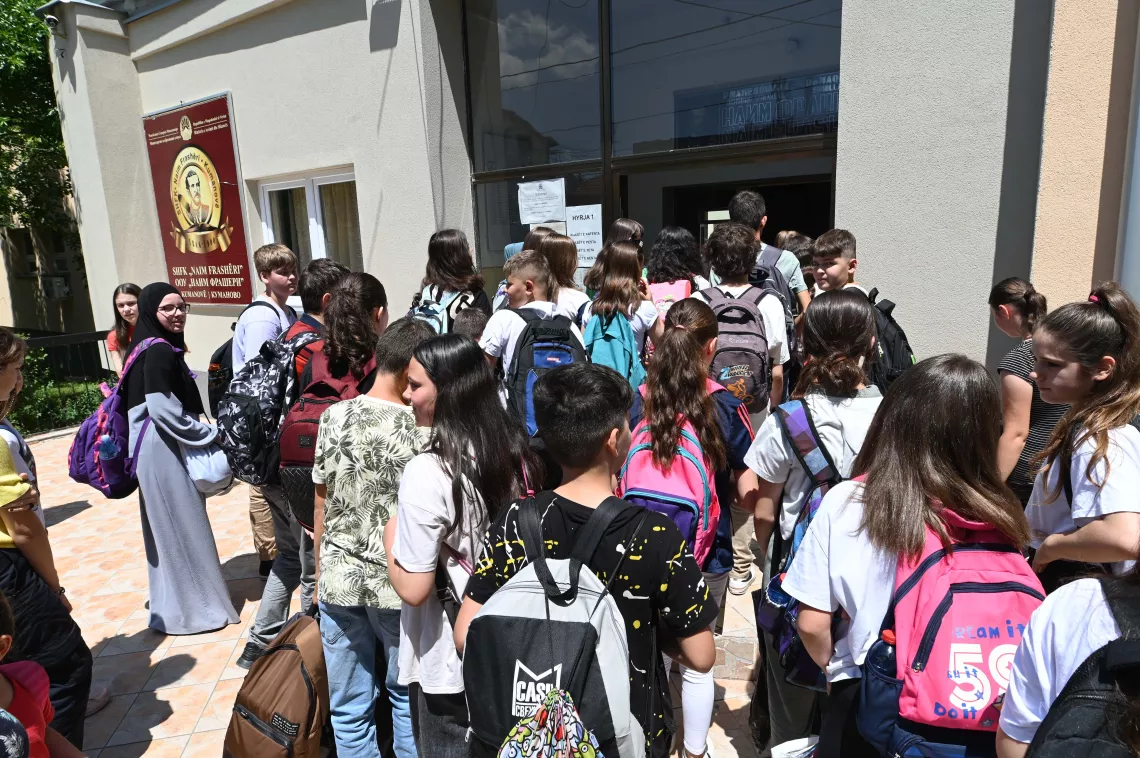 Group of students attending second shift in the school yard of &ldquo;Naim Fraseri&rdquo; elementary school in Kumanovo