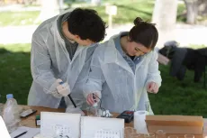 A boy and a girl preparing an environmental project, 