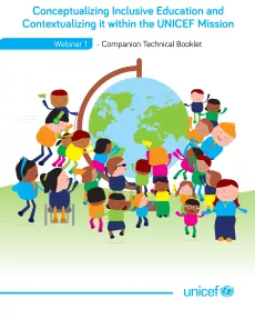 A front page of the publication containing its title and an illustration containing a lot of children, including children with disabilities in a schoolroom 