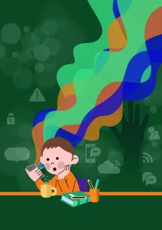 Graphic image of a child playing with digital devices. 