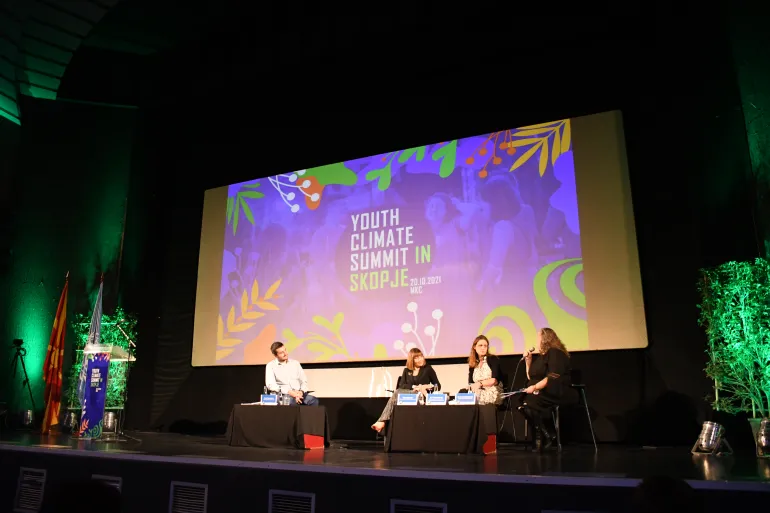UNICEF Representative Patrizia DiGiovanni, Minister of Education Mila Carovska, and UK Ambassador H.E Rached Galloway at a panel session moderated by Petar Barlakovski, UN Youth Representative 