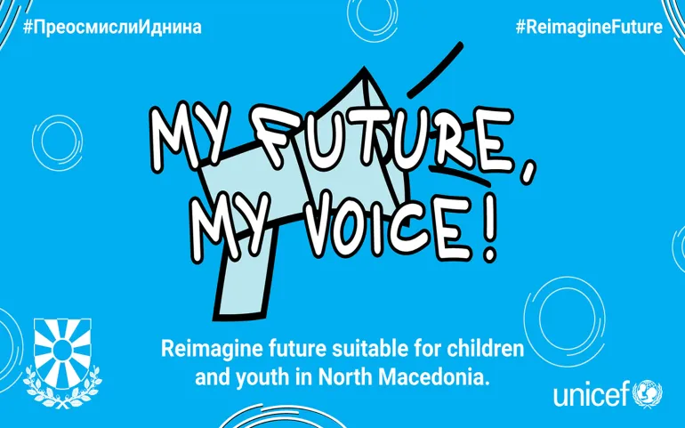 Visual design of a megaphone and the phrase My future, my voice on a blue background