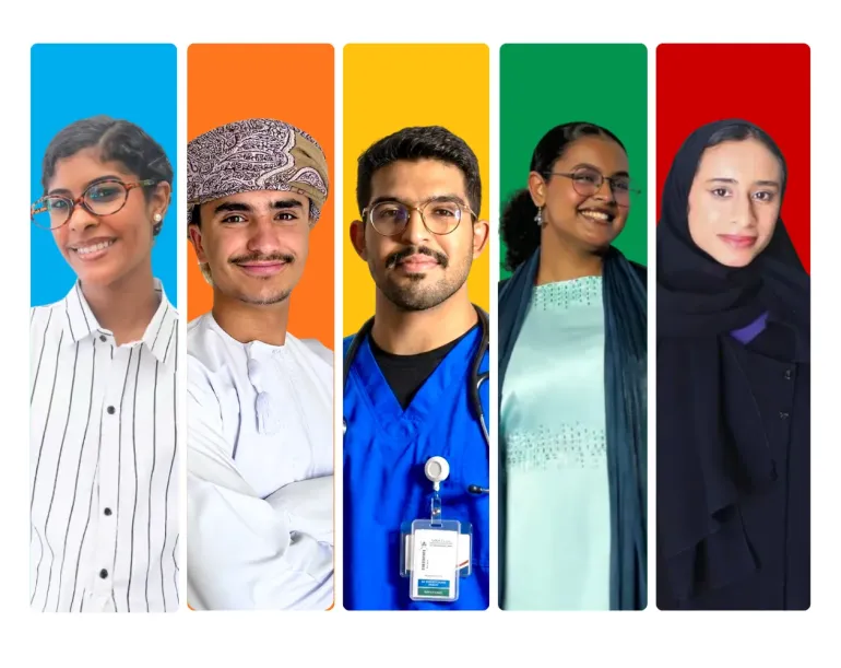 UNICEF Oman youth advocates, 3 males, 2 females on colourful background 
