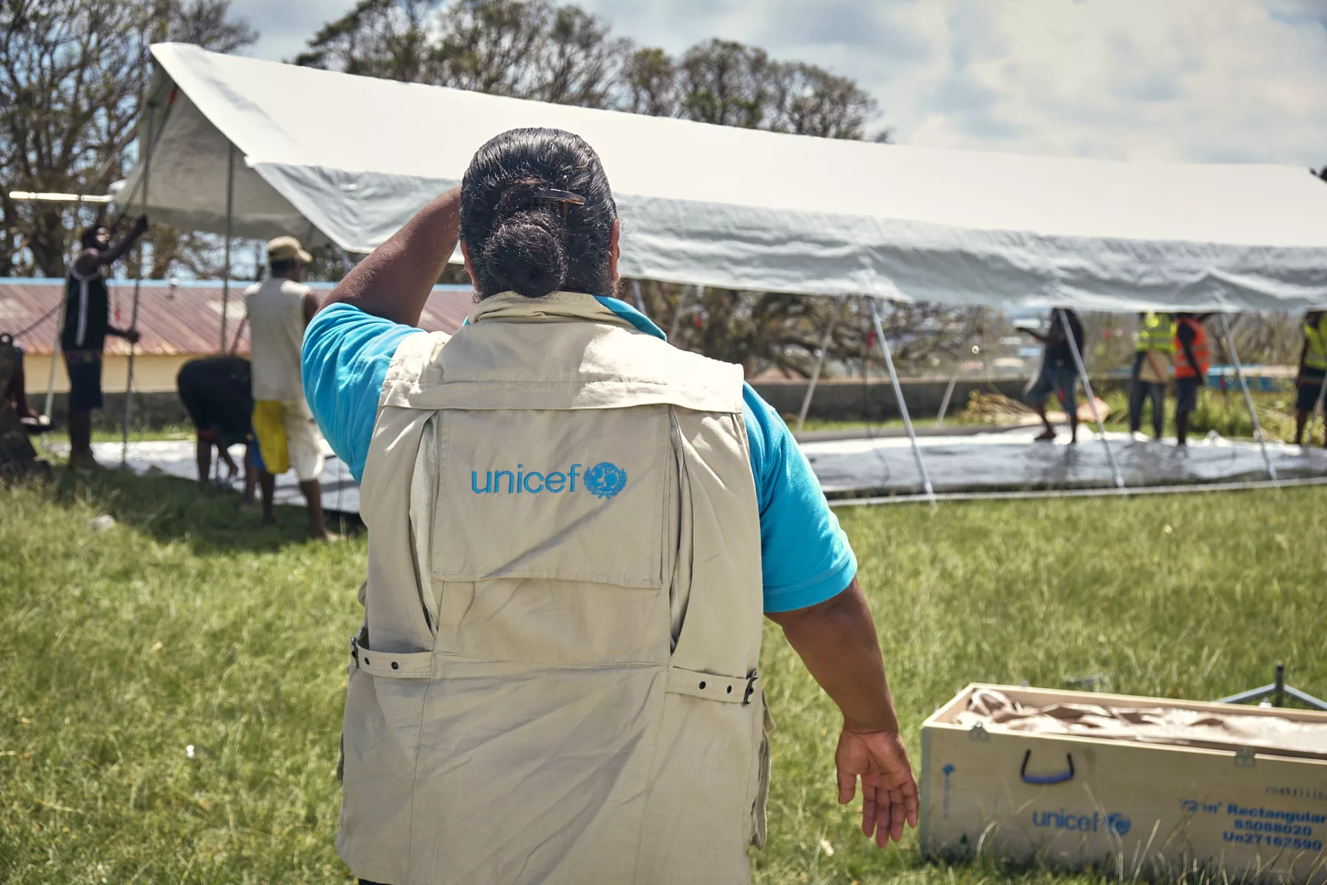 Setting up UNICEF tents in Saint Jeanne D'Arc School