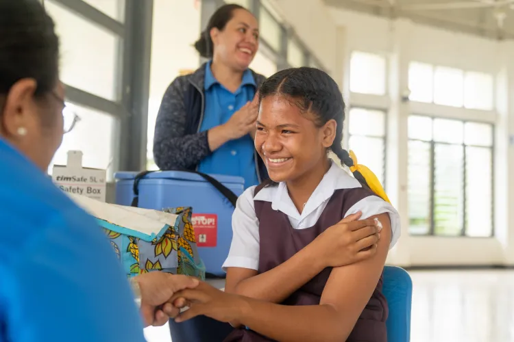 14-year-old girl Asinate Finau after receiving her HPV vaccine at Ha&rsquo;apai high school.