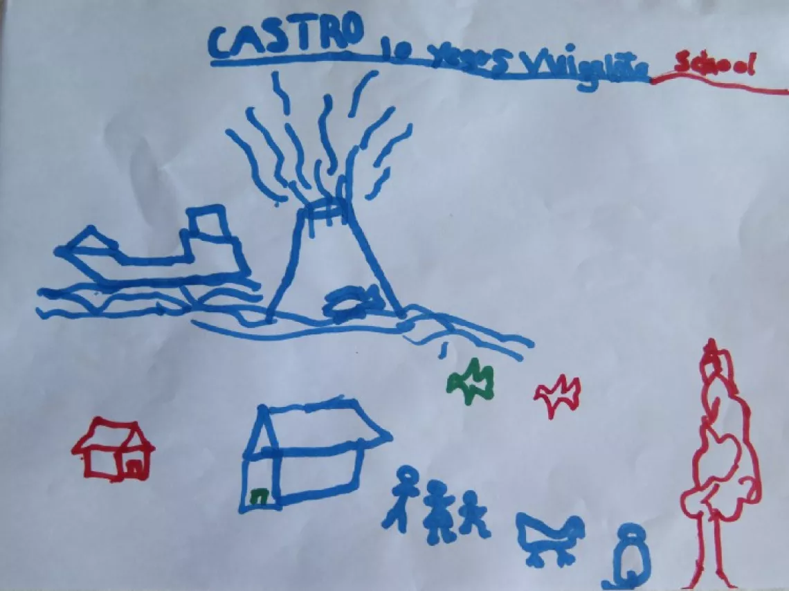 Picture drawn by 10 year old Castro from Ambae who talked about seeing and hearing the volcano, and having to leave his chicken, cat and house behind to get on a ship to Santo. 