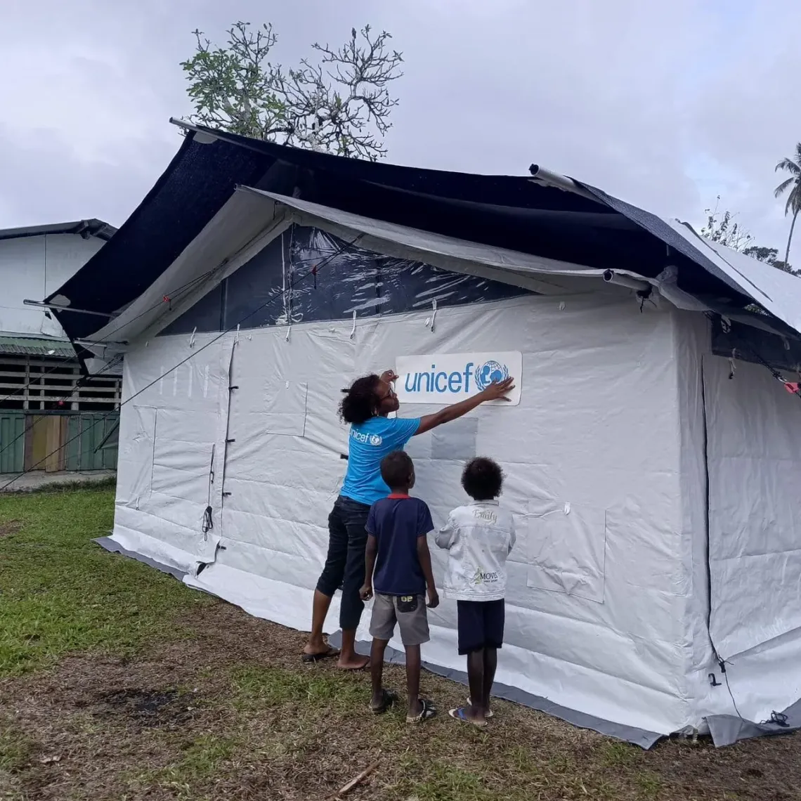 A temporary learning space stands ready in Choiseul Province after Tropical Cyclone Maila damaged schools and disrupted education for thousands of children. Supported by UNICEF and partners, these spaces are helping children return to learning, regain routine, and begin recovering in a safe environment. 