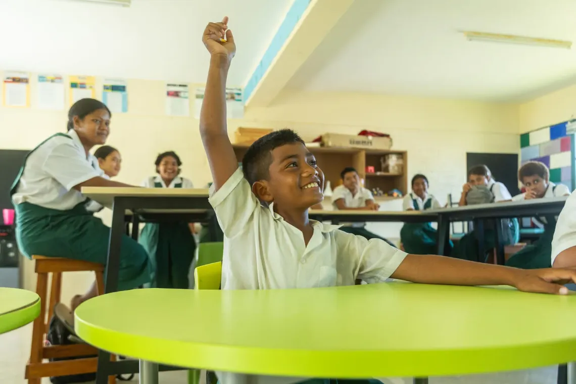 A classroom discussion in Nukunonu, Tokelau, on 30 April 2026, as a teacher engages students in learning about the importance of water, with children asking thoughtful questions about its role in daily life.