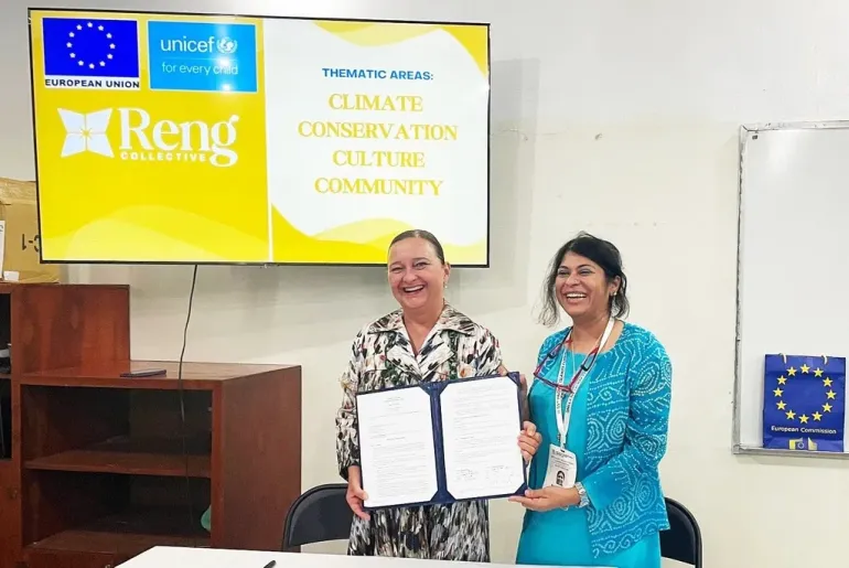 (From left) Deputy Director-General for the Directorate-General for International Partnerships, Marjeta Jager, and UNICEF Pacific&rsquo;s Deputy Representative, Roshni Basu, at the signing of the new partnership to strengthen education systems and climate-resilient school infrastructure across the Pacific.