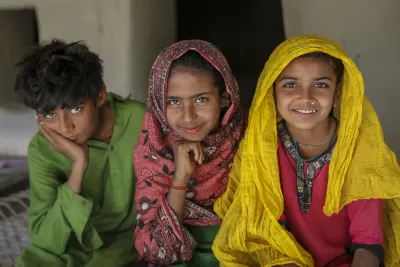 Bakhta (10 right to left) Sajna (11) and Sajjad lives in Ismail Bhelai village, Sajawal, Thatta district, Sindh province Pakistan. 