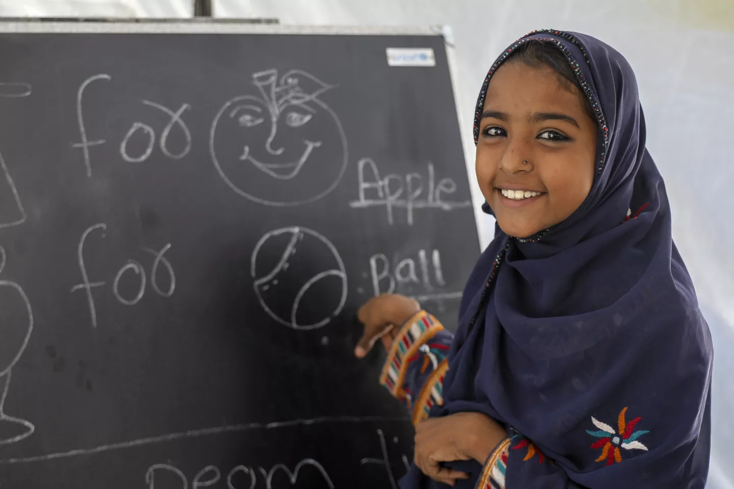 Shaista (10) attending her first-class in UNICEF supported Temporary learning centre (TLC) next to the flood water in village Allah Dina Channa, district Lasbela. Baluchistan province, Pakistan. The primary school has badly damaged in the area.
