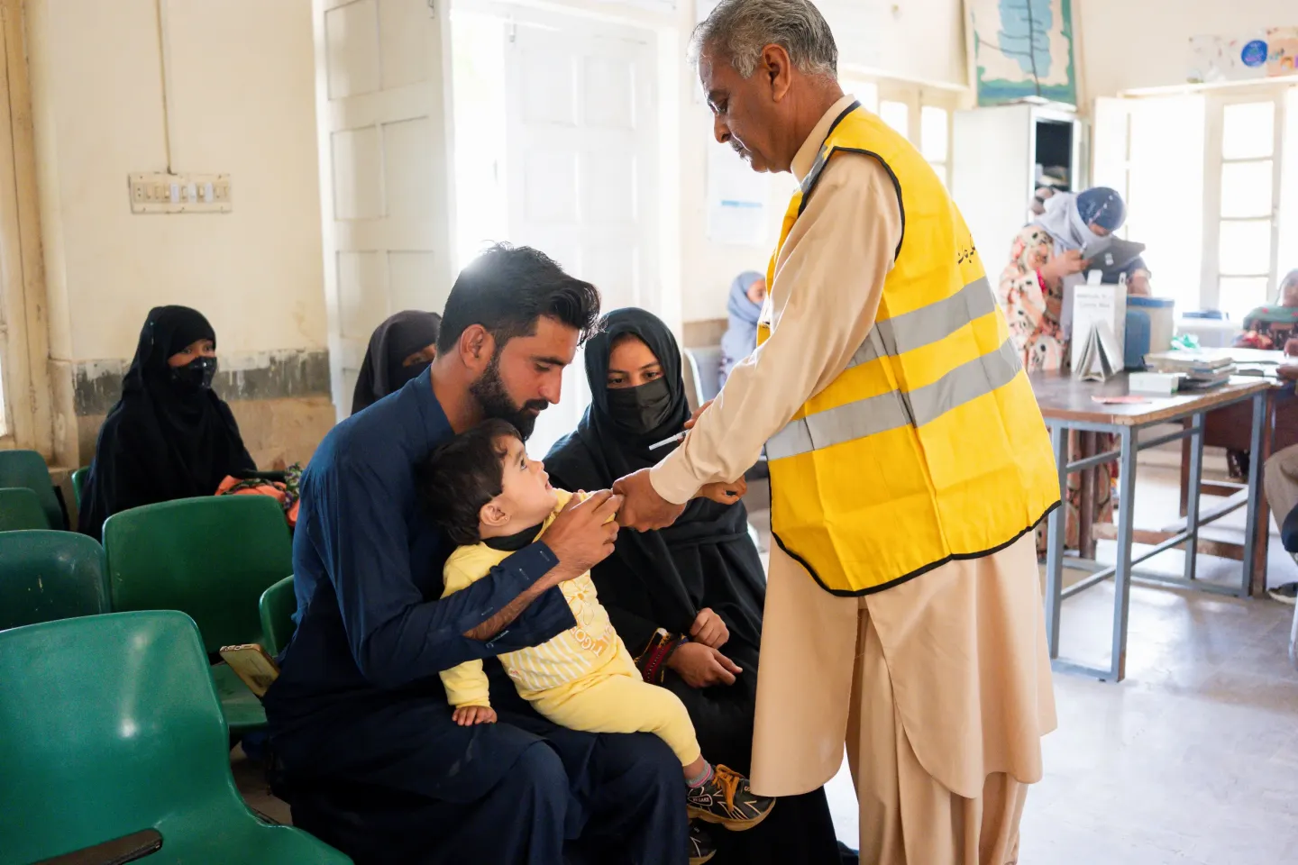 14-month-old Zebunnisa is being vaccinated at the district health facility in Uthal, Lasbela District. 