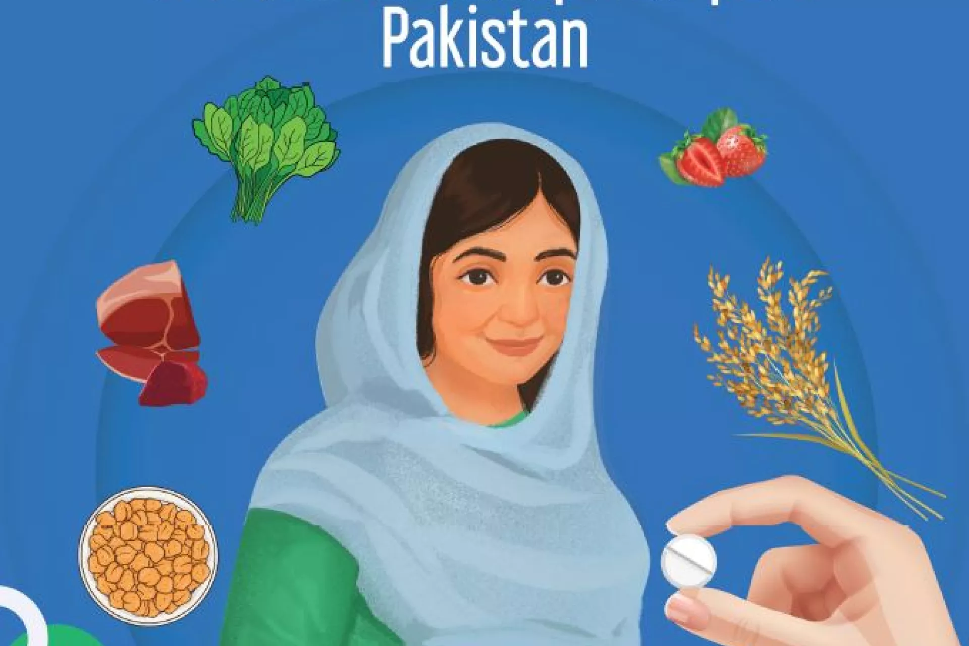 An illustration of a pregnant woman wearing Pakistan flag colors, green and white. Nutrition items such as meat, corn, beans, fruits etc. are shown hanging around her. In the bottom right, an illustrated hand is offering a tablet of Iron Folic Acid. 