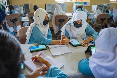 Students at the Government Girls High School in North Nazimabad attend their Learning Passport Mathematics session.