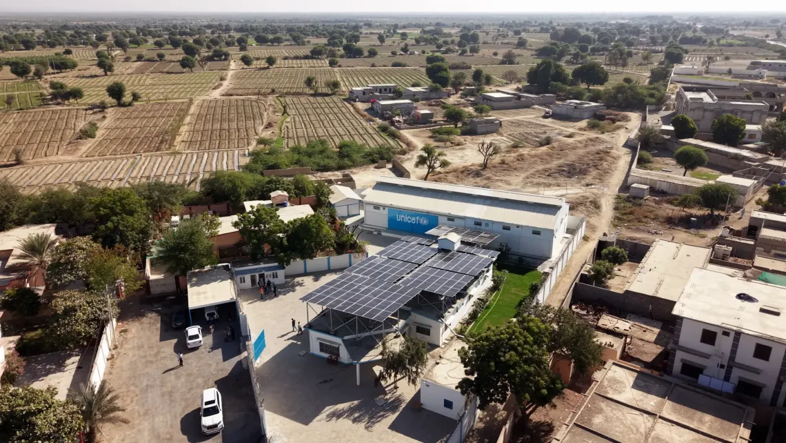 A drone shot showing the solar panels installed on the roof of the warehouse in Uthal, Lasbela District. 
