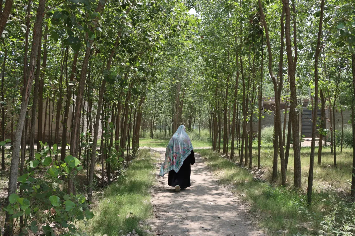 Ms. Shehnaz Begum heads out for her daily household visits in Baziabad, Charsadda.
