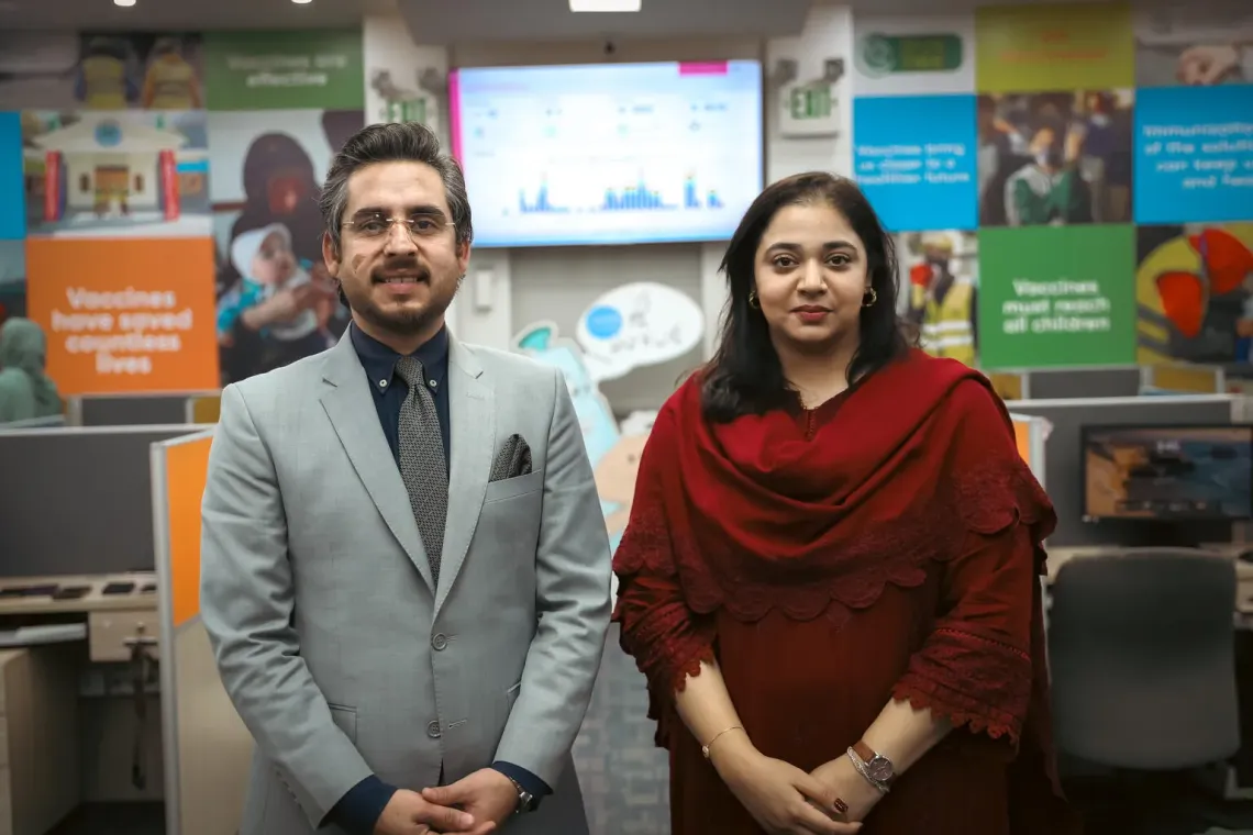 Medical Officers Dr. Aamir Sohail and Dr. Safina at Sehat Tahaffuz-1166 call centre in Islamabad, Pakistan.
