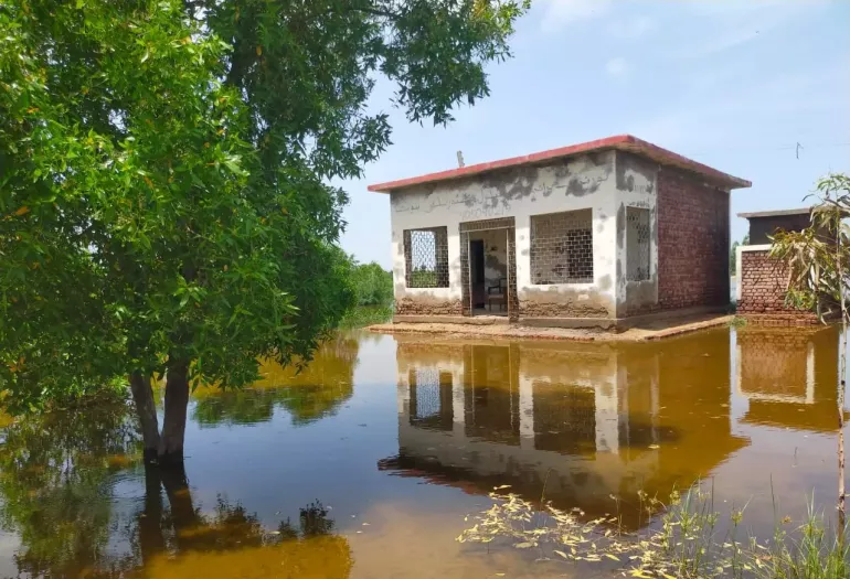 A public school rendered damaged and inaccessible following the recent floods in Mirpur Khas district, Sindh province, Pakistan.