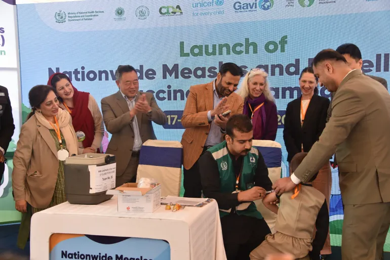 Director General, Federal Directorate of Immunization (FDI), Dr. Soofia Yunus, World Health Organization (WHO) Representative in Pakistan, Dr. Luo Dapeng, Federal Minister of Health, Syed Mustafa Kamal, and UNICEF Representative in Pakistan, Pernille Ironside, attend the launch of the national measles-rubella vaccination campaign in Islamabad.