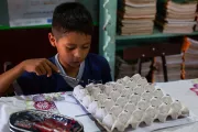 Daiver aprende a contar con un lapiz y una caja de huevos