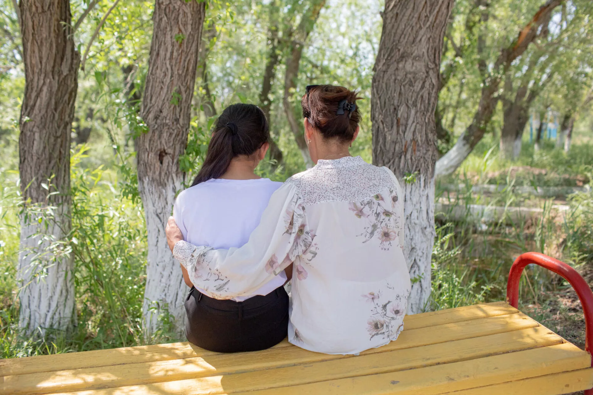 Vu de dos. Une m&egrave;re tient sa fille dans ses bras. Toutes les deux sont assises sur un banc. En face d'elle, trois  arbres.