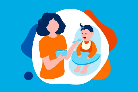 Illustration - une maman donne à manger à son enfant 
