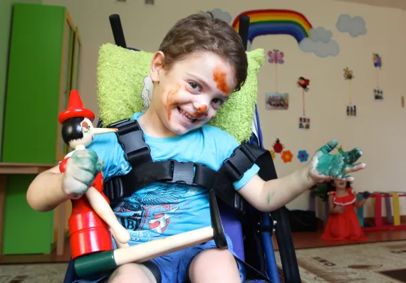In July 2016, Michael, a child affected by cerebral palsy, finishes an art class. He is 5 and he lives with his parents and brother in Yerevan, Armenia. 
