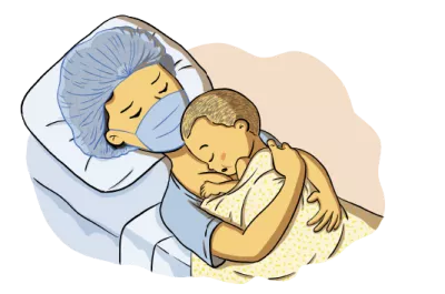 Ilustraci&oacute;n de mam&aacute; con su beb&eacute; reci&eacute;n nacido, dando de lactar