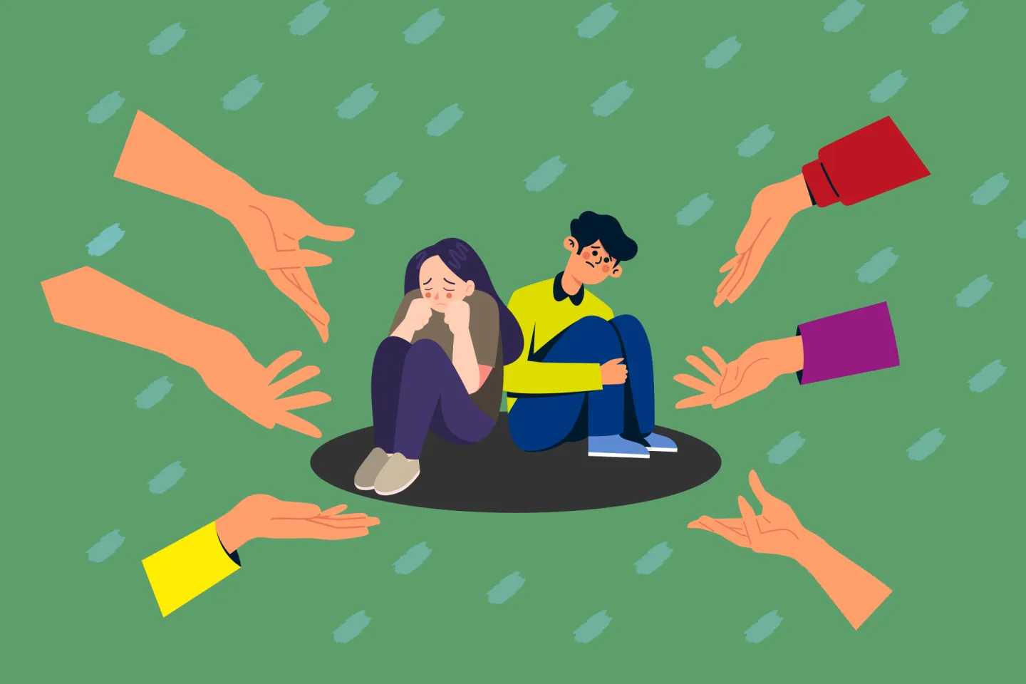Ilustraci&oacute;n de dos adolescentes tristes siendo acogidos por manos alrededor