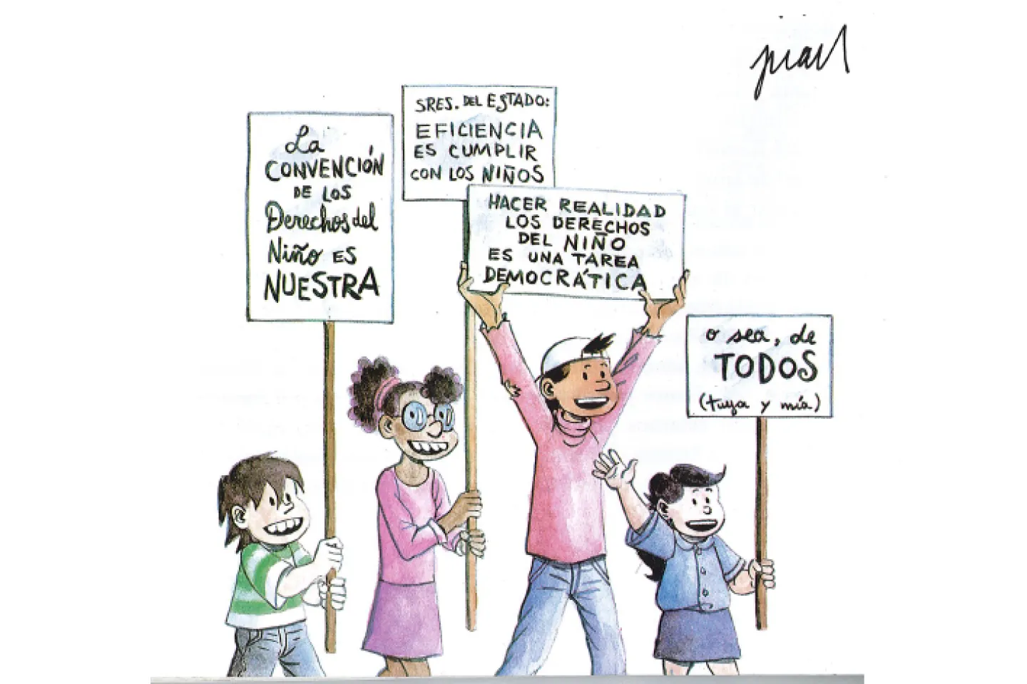 Dibujos de ni&ntilde;os y adolescentes llevando pancartas sobre sus derechos