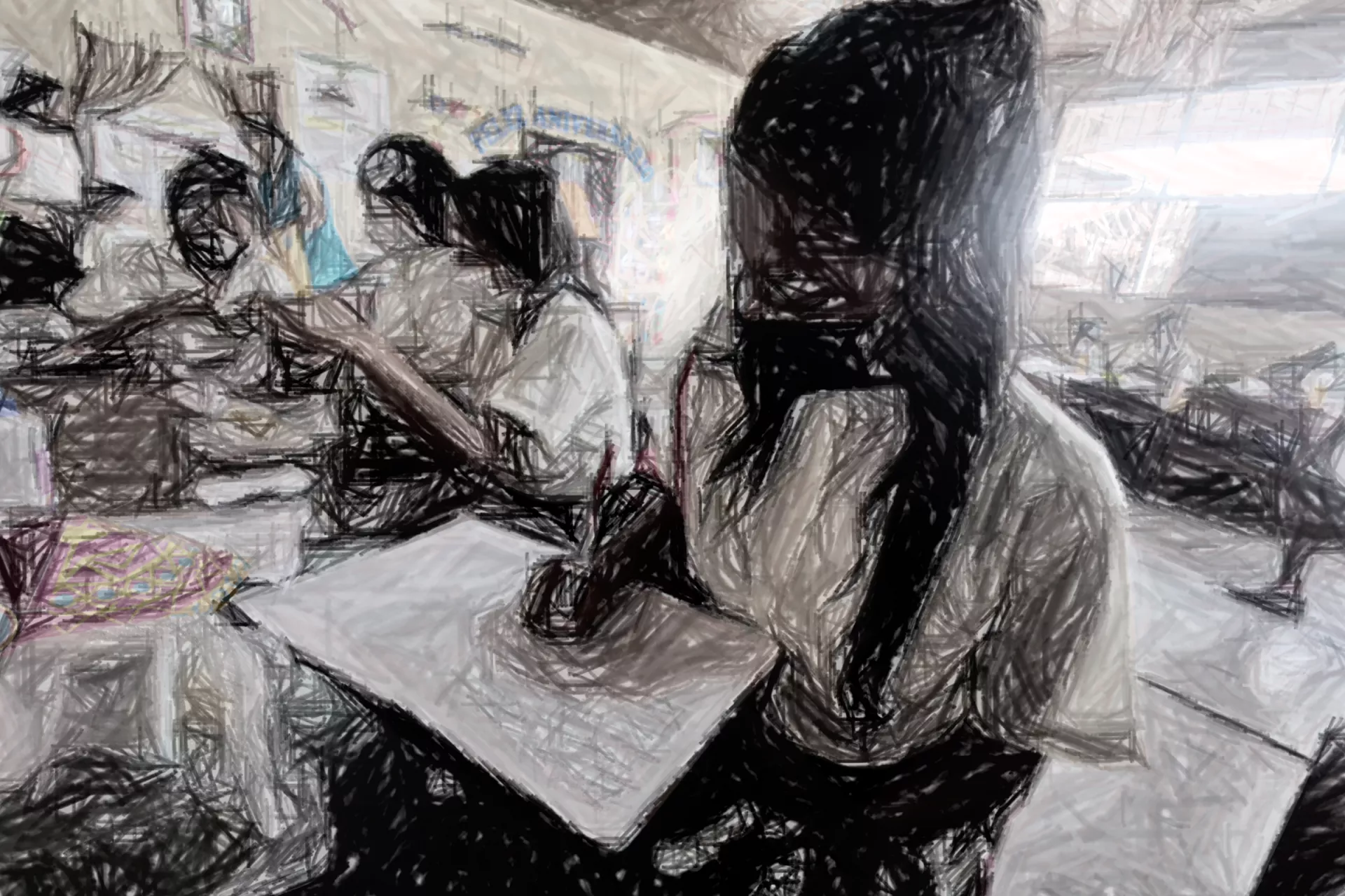 Milena estudiando en clase