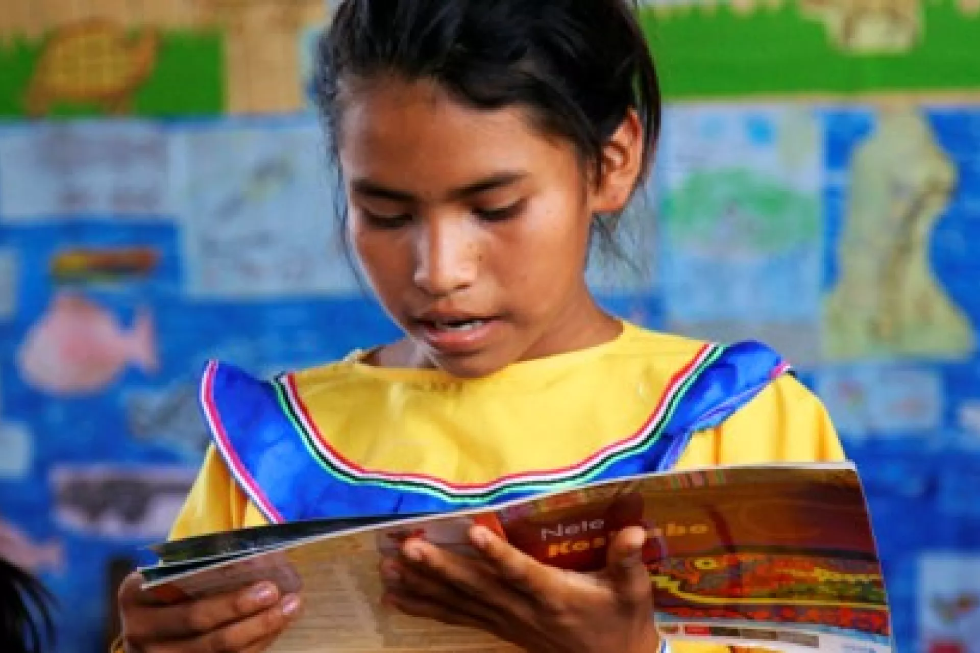 A girl reading a text book in shipibo