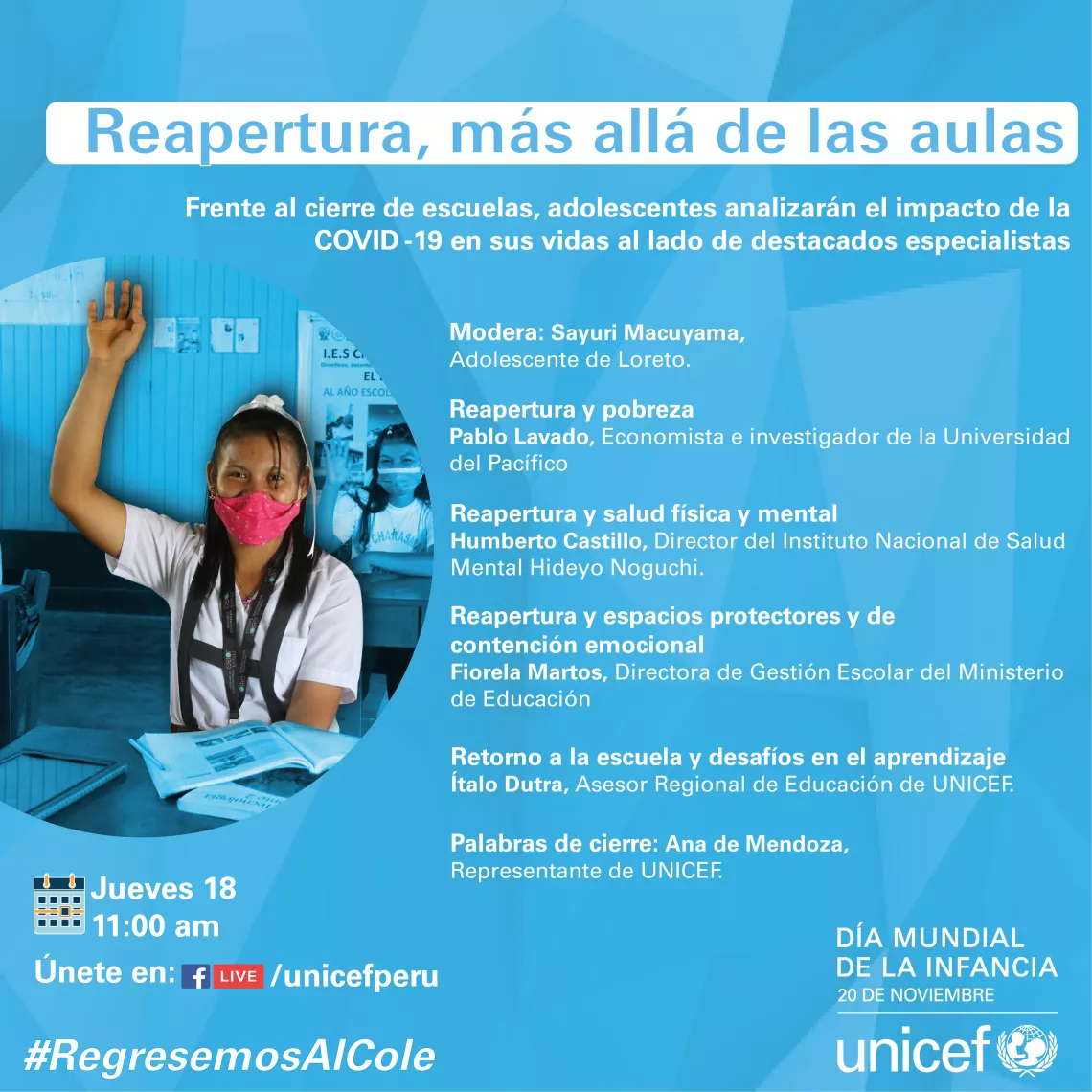 Imagen de invitacion a un webinar, con una nina en una aula, y en otro lado el nombre de participantes en el webinar.