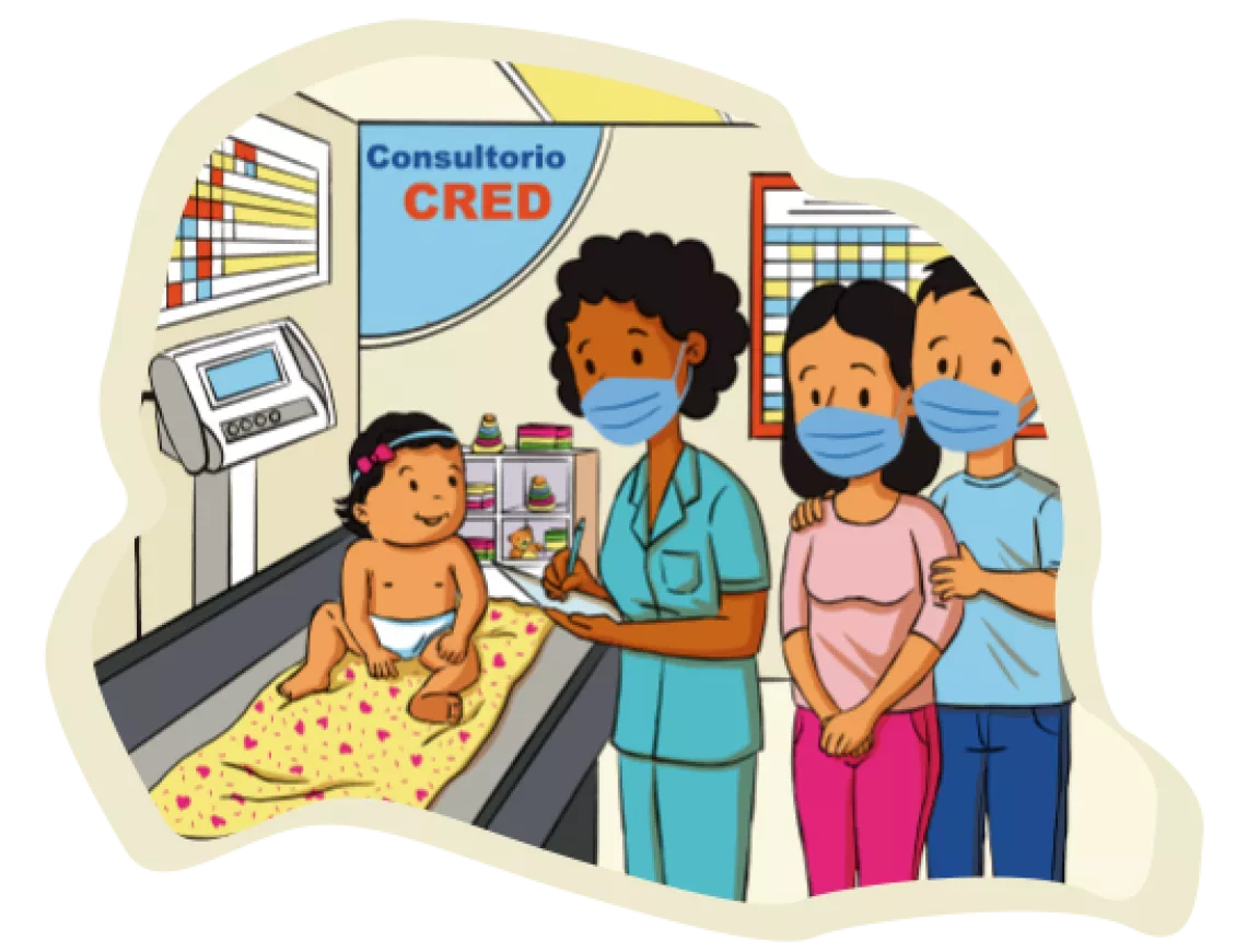Ilustraci&oacute;n de un consultorio m&eacute;dico con una beb&eacute;, doctora y padres de familia