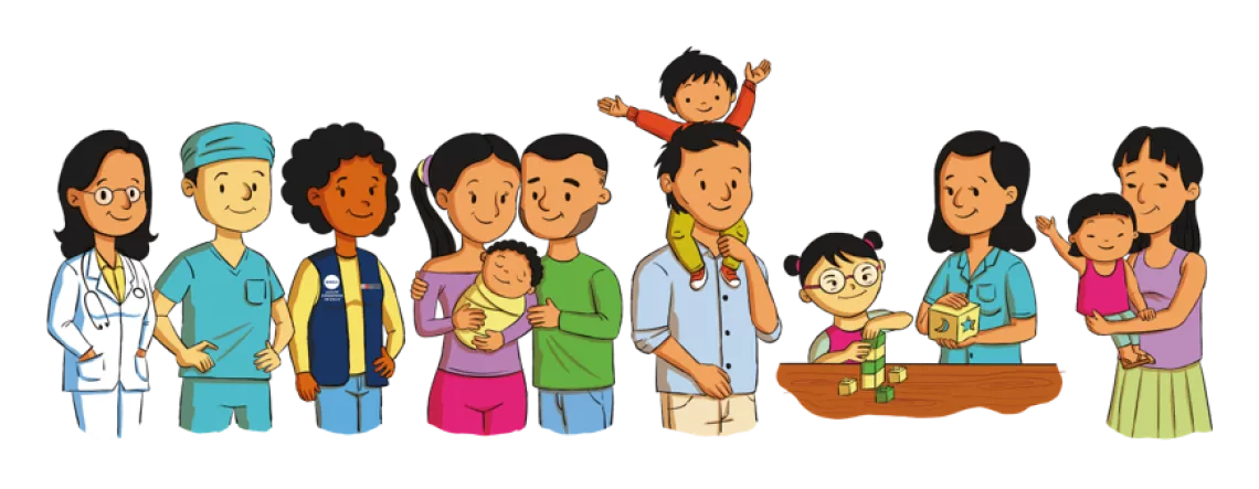 Ilustraci&oacute;n de adultos y ninos, centrados en temas de salud